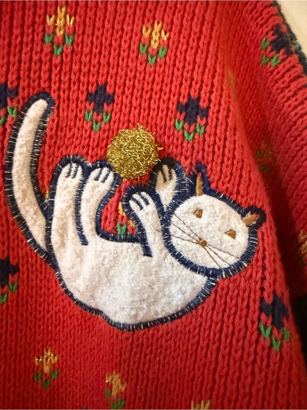 Vintage Sweater Loft Christmas Navy & Red Cat Patchwork Cardigan Sweater - Picture 5 of 10